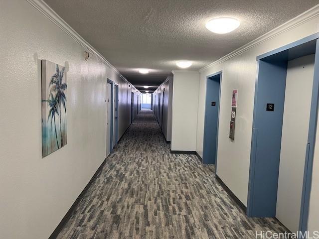 corridor with crown molding, dark wood-type flooring, elevator, and a textured ceiling