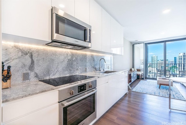 kitchen featuring dark hardwood / wood-style floors, white cabinets, backsplash, stainless steel appliances, and floor to ceiling windows