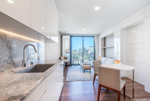 kitchen featuring white cabinetry, dark wood-type flooring, sink, and light stone counters