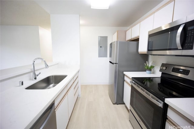 kitchen with appliances with stainless steel finishes, sink, white cabinets, electric panel, and light hardwood / wood-style floors