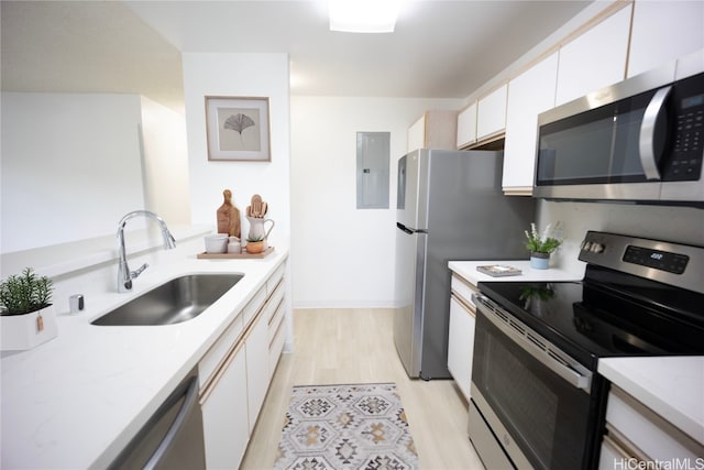 kitchen featuring sink, white cabinetry, light hardwood / wood-style flooring, appliances with stainless steel finishes, and electric panel