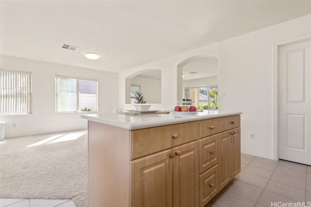 kitchen featuring light carpet, plenty of natural light, visible vents, a kitchen island, and light countertops