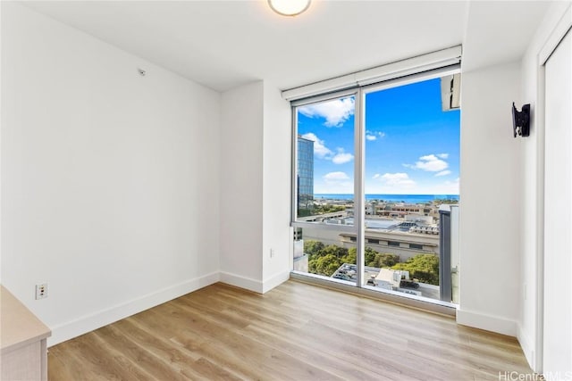 spare room featuring light wood-style flooring, a view of city, baseboards, and a wall of windows