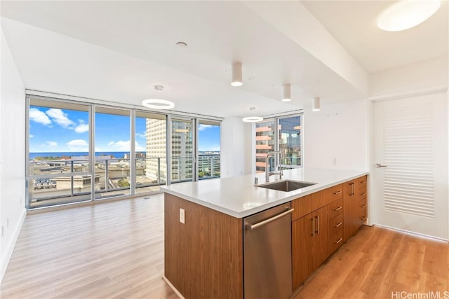 kitchen with a city view, light countertops, stainless steel dishwasher, expansive windows, and light wood finished floors