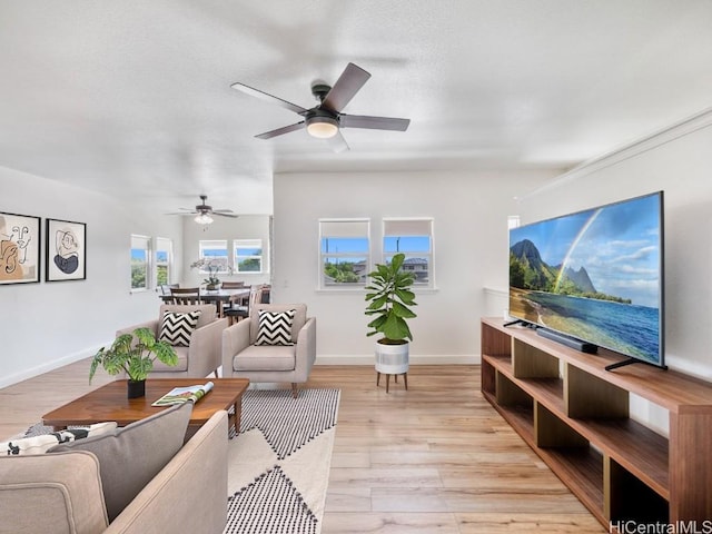 living room with ceiling fan and light hardwood / wood-style floors