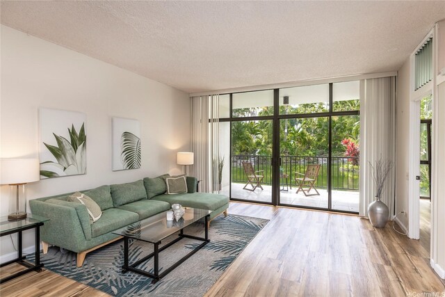 1020 Aoloa Pl Unit 109B, Kailua, HI 96734 - living area with a wall of windows, light wood-type flooring, and a textured ceiling