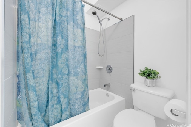 full bathroom with toilet and shower / bath combo with shower curtain