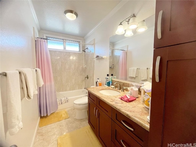 full bathroom with ornamental molding, vanity, shower / bath combination with curtain, and toilet