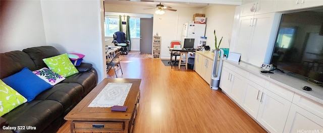 living room with ceiling fan and light hardwood / wood-style floors