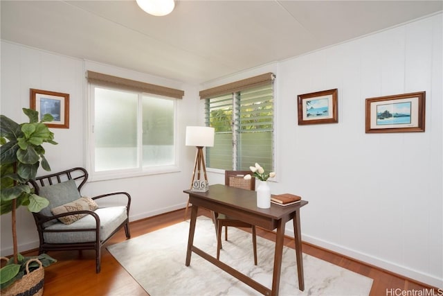 home office with hardwood / wood-style flooring