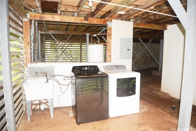 laundry room featuring separate washer and dryer, sink, electric panel, and water heater