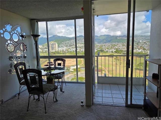 sunroom / solarium featuring a mountain view