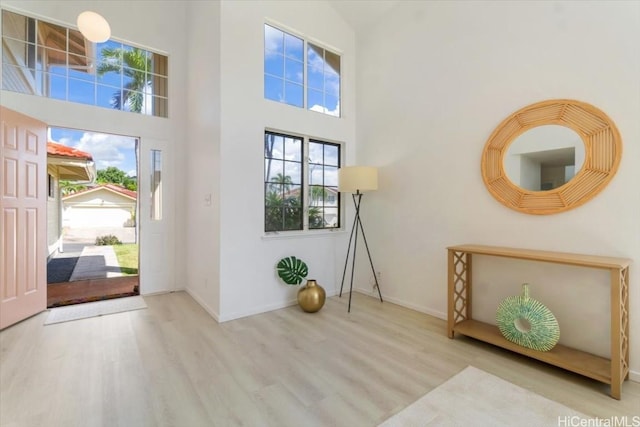 foyer entrance with a towering ceiling, a healthy amount of sunlight, and light hardwood / wood-style flooring