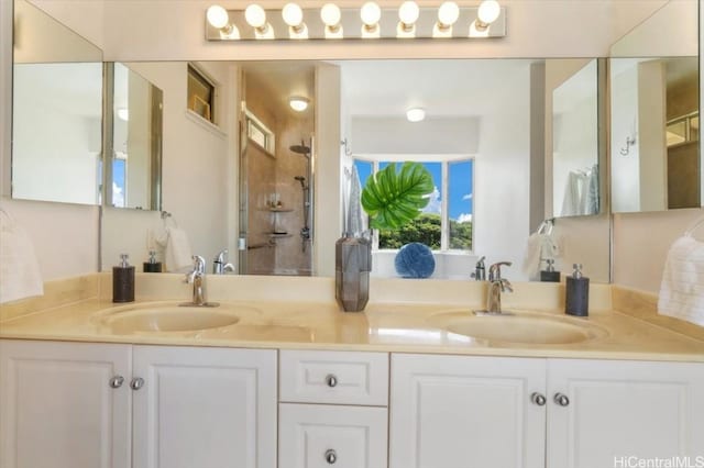 bathroom featuring vanity and walk in shower