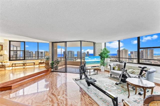 1221 Victoria St Unit 3201, Honolulu, HI 96814 - interior space featuring a textured ceiling, marble finish floor, and a wall of windows