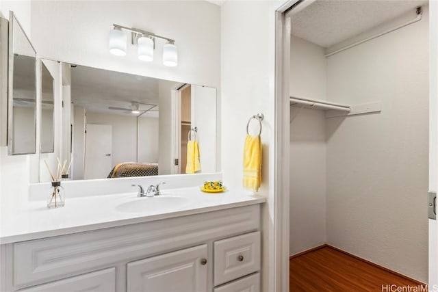 bathroom featuring a spacious closet, wood finished floors, and vanity