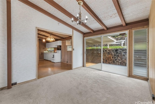 unfurnished living room featuring carpet floors, vaulted ceiling with beams, and an inviting chandelier