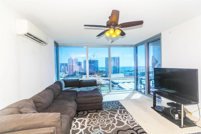 living room with expansive windows, ceiling fan, and a wall unit AC