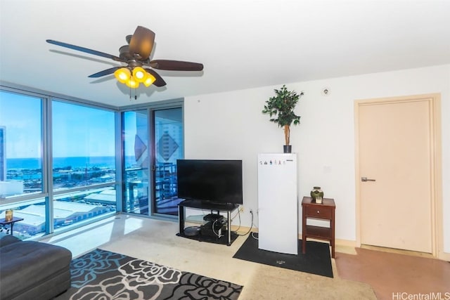 living room with floor to ceiling windows