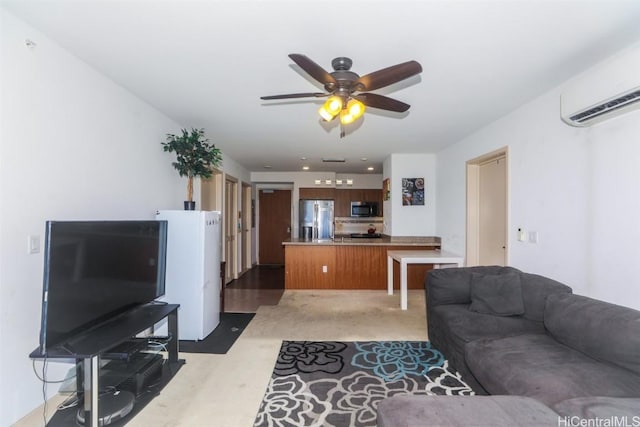 living room with a wall mounted air conditioner and ceiling fan