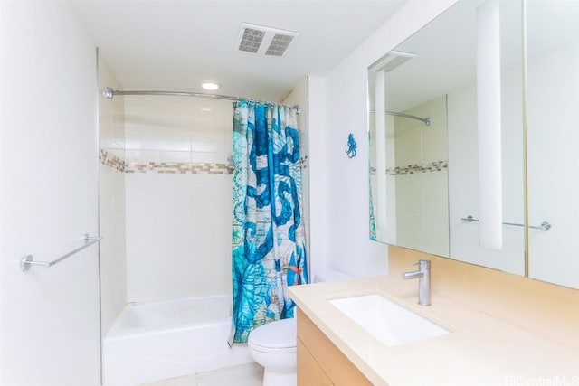 full bathroom featuring vanity, shower / bath combo, and toilet