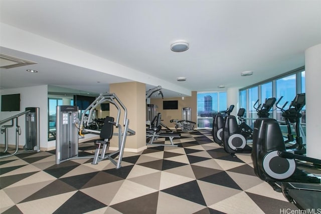 exercise room featuring expansive windows and a healthy amount of sunlight