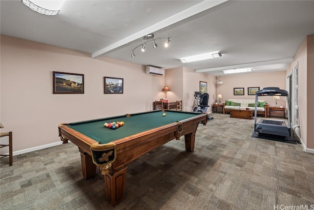 recreation room featuring billiards, carpet flooring, a wall unit AC, and beam ceiling