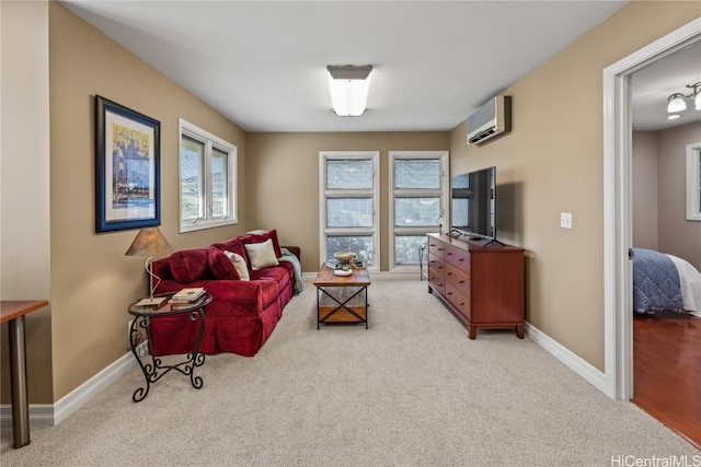 living room featuring plenty of natural light, a wall mounted AC, and light colored carpet