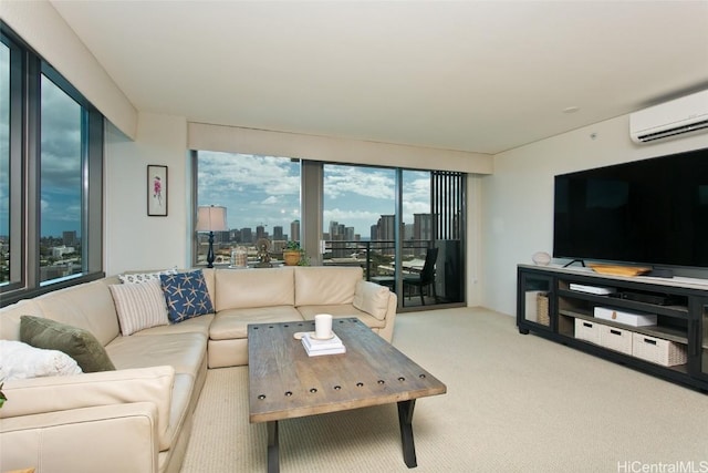 living room featuring carpet flooring and an AC wall unit