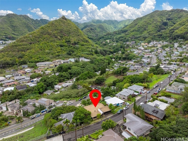 drone / aerial view featuring a mountain view