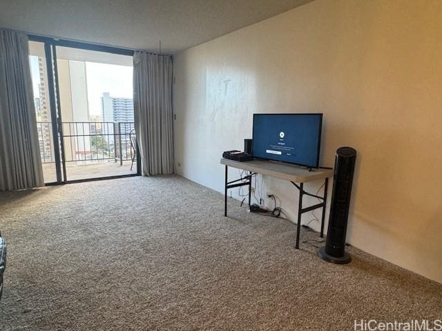 home office featuring floor to ceiling windows and carpet