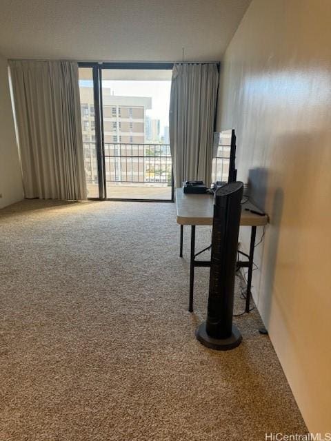 carpeted office space with floor to ceiling windows