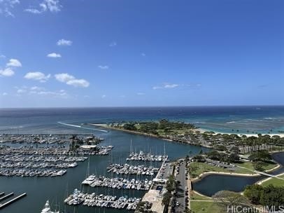 bird's eye view with a water view