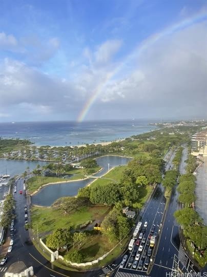 aerial view featuring a water view