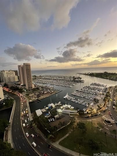 aerial view at dusk with a water view