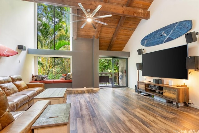 living room with beamed ceiling, ceiling fan, hardwood / wood-style flooring, high vaulted ceiling, and wood ceiling