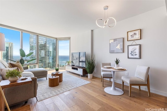 living area with floor to ceiling windows, plenty of natural light, light wood-style flooring, and baseboards