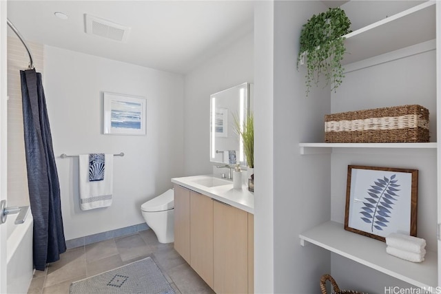 full bathroom featuring visible vents, toilet, tile patterned flooring, shower / bath combo with shower curtain, and vanity