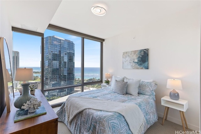 carpeted bedroom with multiple windows, a wall of windows, a water view, and baseboards