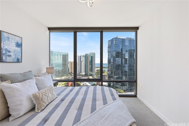 carpeted bedroom featuring expansive windows, a view of city, and baseboards