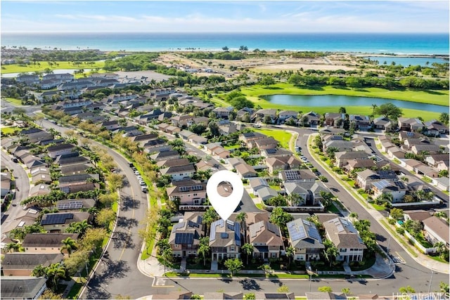 bird's eye view featuring a water view and a residential view