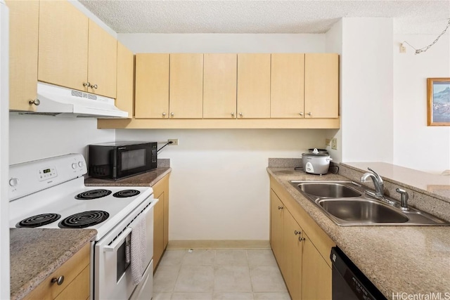 kitchen with light countertops, light brown cabinetry, a sink, under cabinet range hood, and black appliances