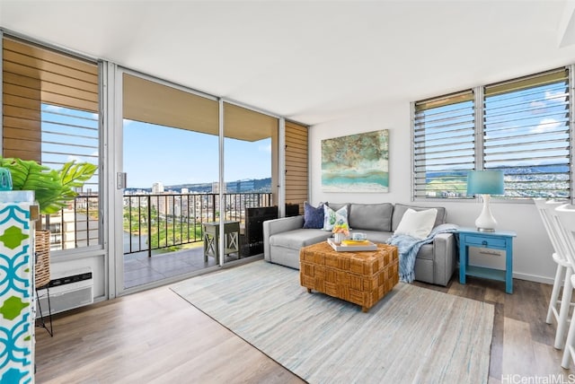 living room featuring expansive windows and wood finished floors