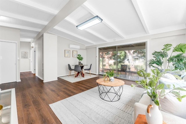 living room with dark hardwood / wood-style floors, vaulted ceiling with beams, and a wall unit AC