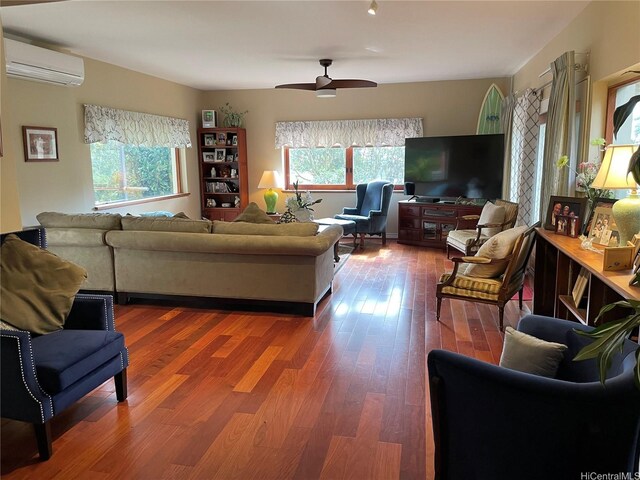 3805 Old Pali Rd, Honolulu, HI 96817 - living area featuring a wealth of natural light, a ceiling fan, wood finished floors, and a wall unit AC