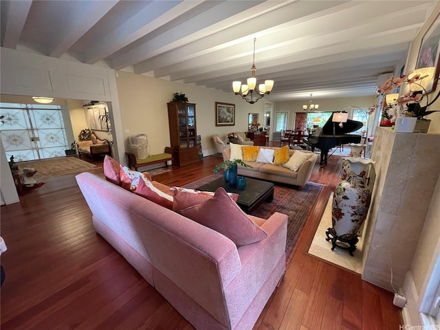 3805 Old Pali Rd, Honolulu, HI 96817 - living area featuring beamed ceiling, wood finished floors, and a notable chandelier