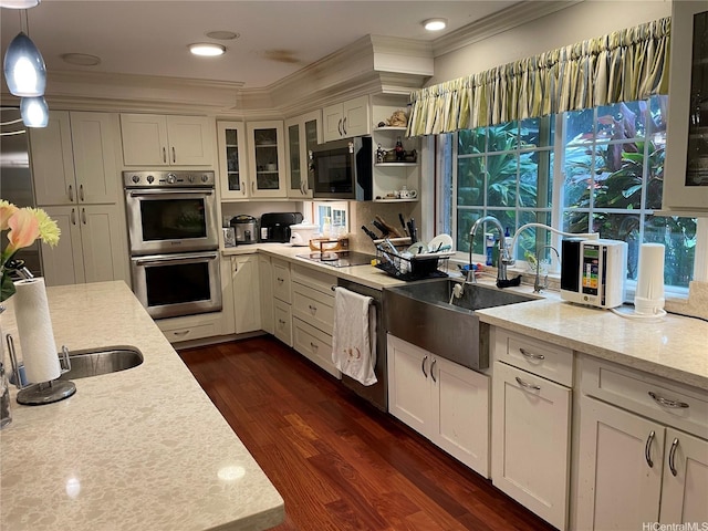 3805 Old Pali Rd, Honolulu, HI 96817 - kitchen featuring hanging light fixtures, a sink, stainless steel appliances, ornamental molding, and dark wood-style floors