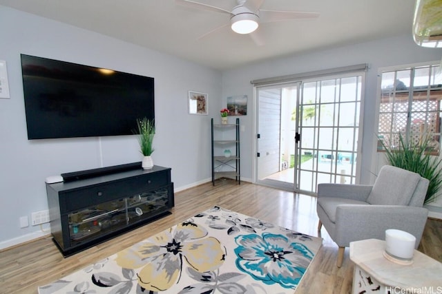 living room with hardwood / wood-style floors and ceiling fan