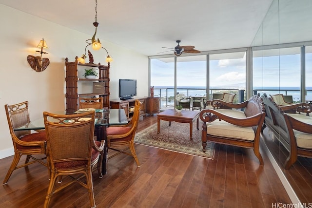 interior space featuring dark hardwood / wood-style flooring, floor to ceiling windows, and ceiling fan