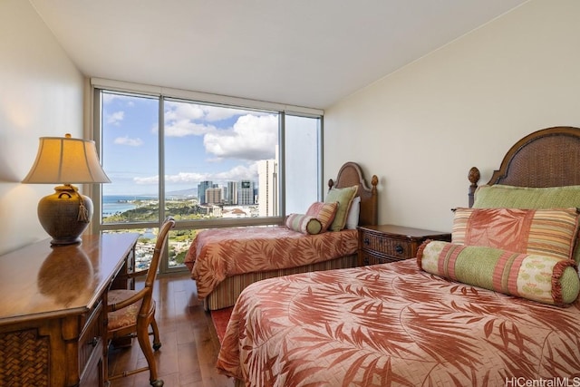 bedroom with floor to ceiling windows, a water view, and wood-type flooring